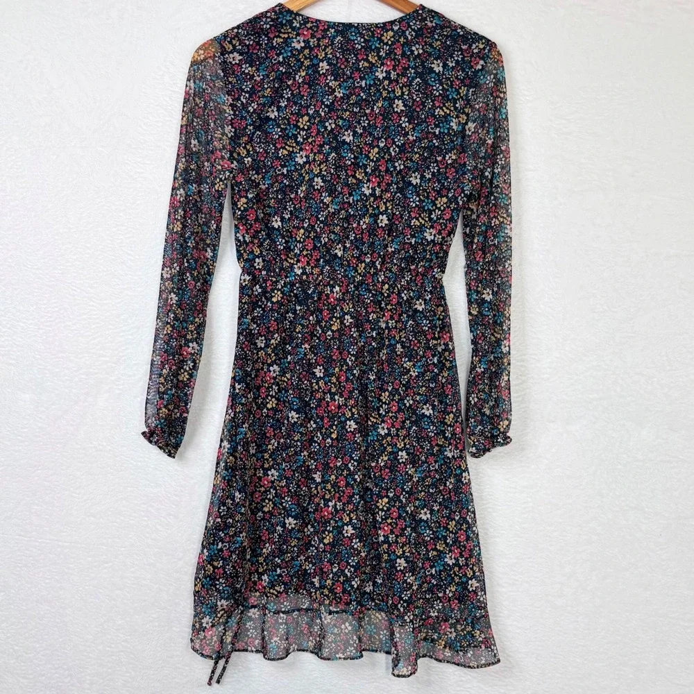 AVLN STUDIO Floral Faux Wrap Dress Long Sleeve Sheer‎ Mesh Ruffle Mini Black
